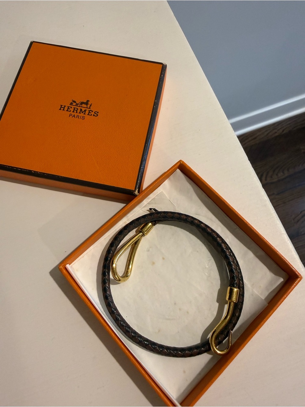 Hermes Brown Braided Double-Wrap Bracelet with Gold Hardware - Picture 4 of 4